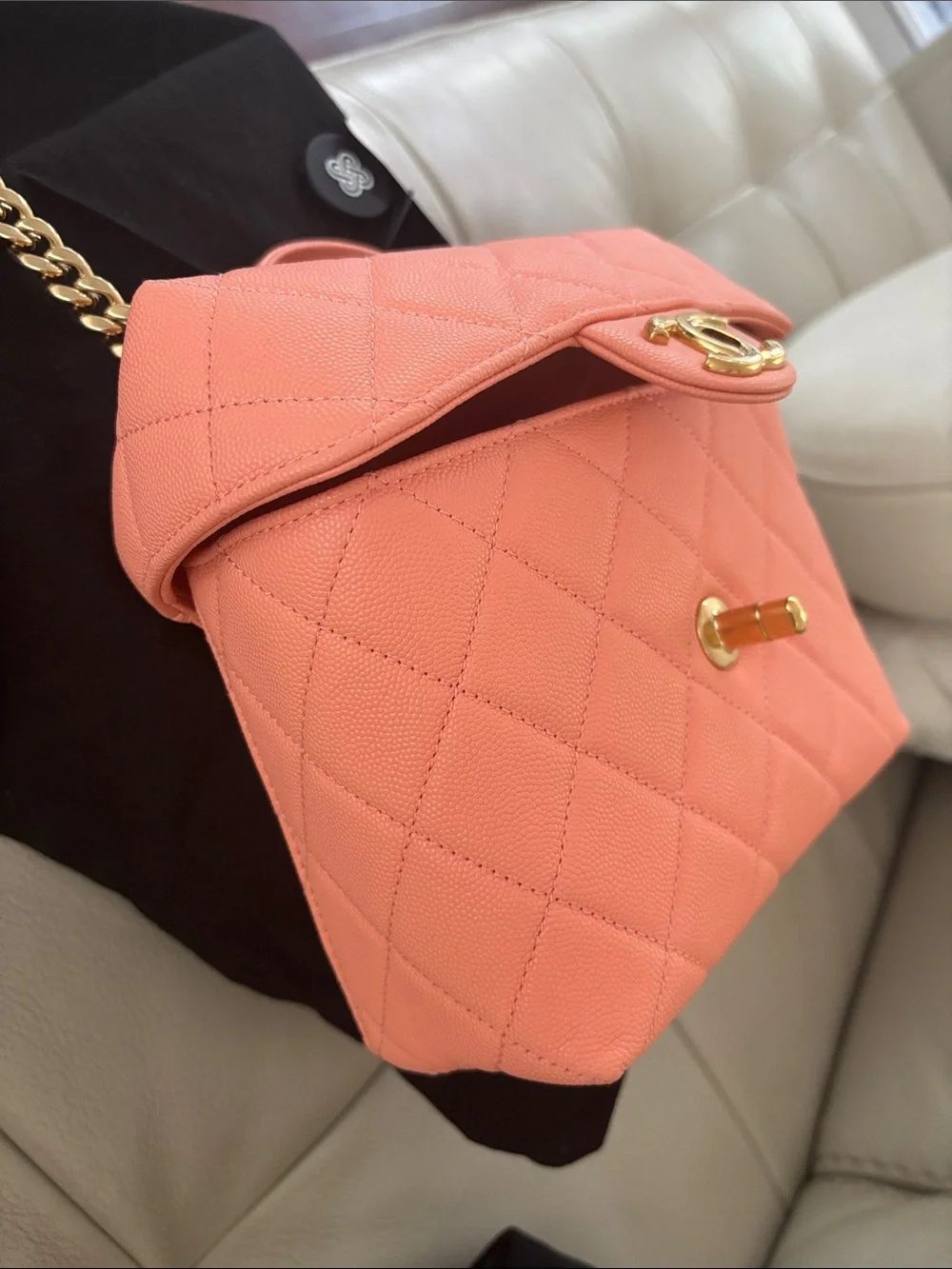 CHANEL Coral Pink Quilted Mini Top Handle Bag with Gold Hardware